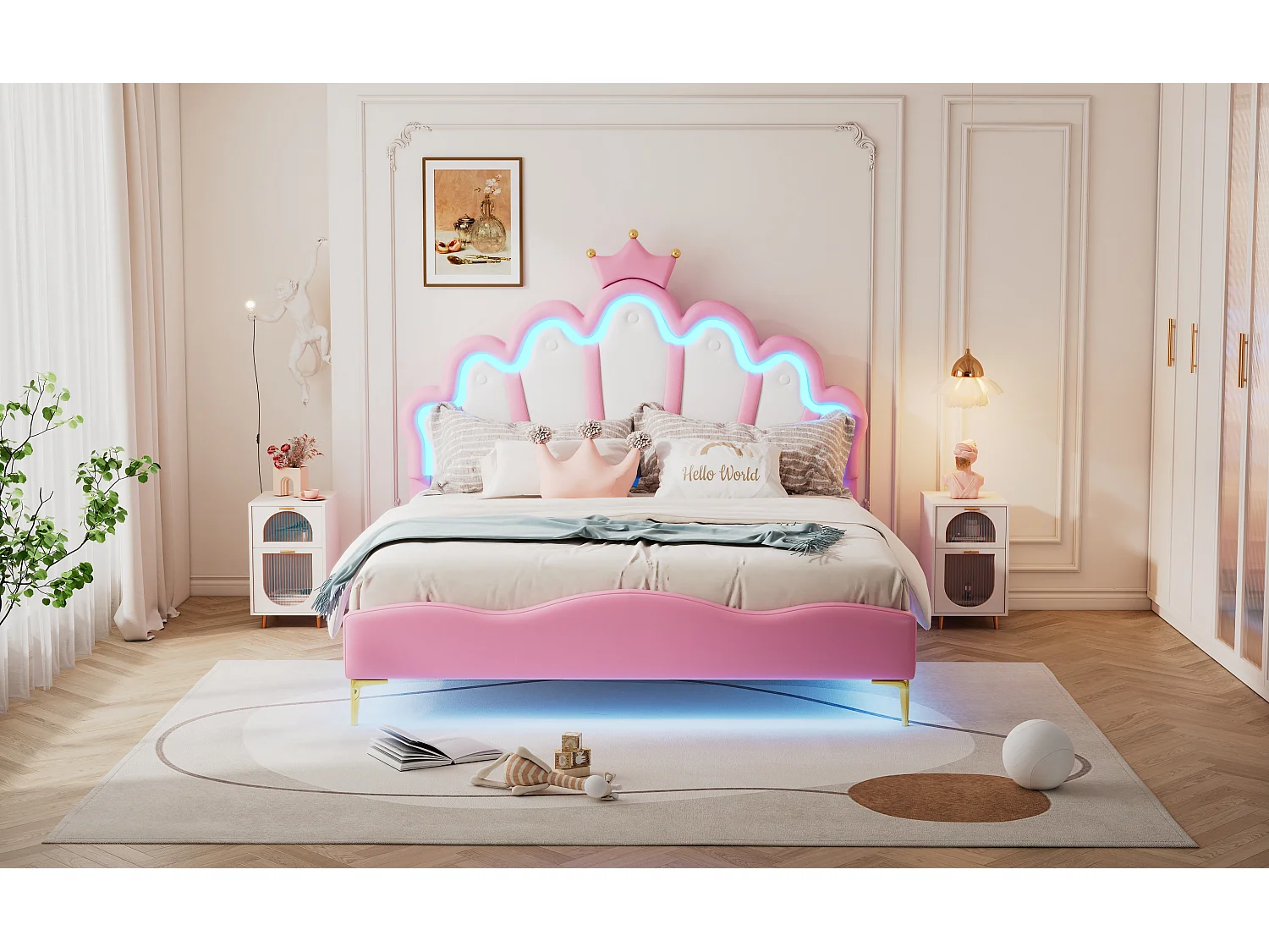 Lit princesse 140x200 cm rose, lit double avec tête de lit couronne, rembourrage PU, bande LED ajustable intégrée