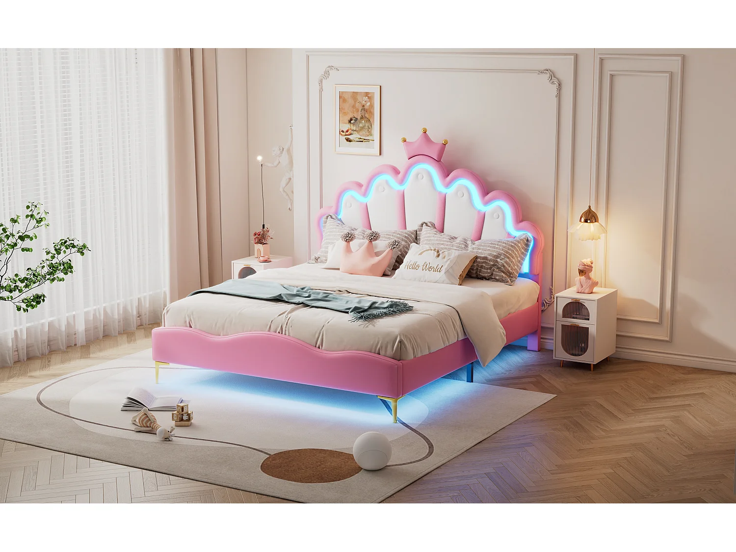 Lit princesse 140x200 cm rose, lit double avec tête de lit couronne, rembourrage PU, bande LED ajustable intégrée