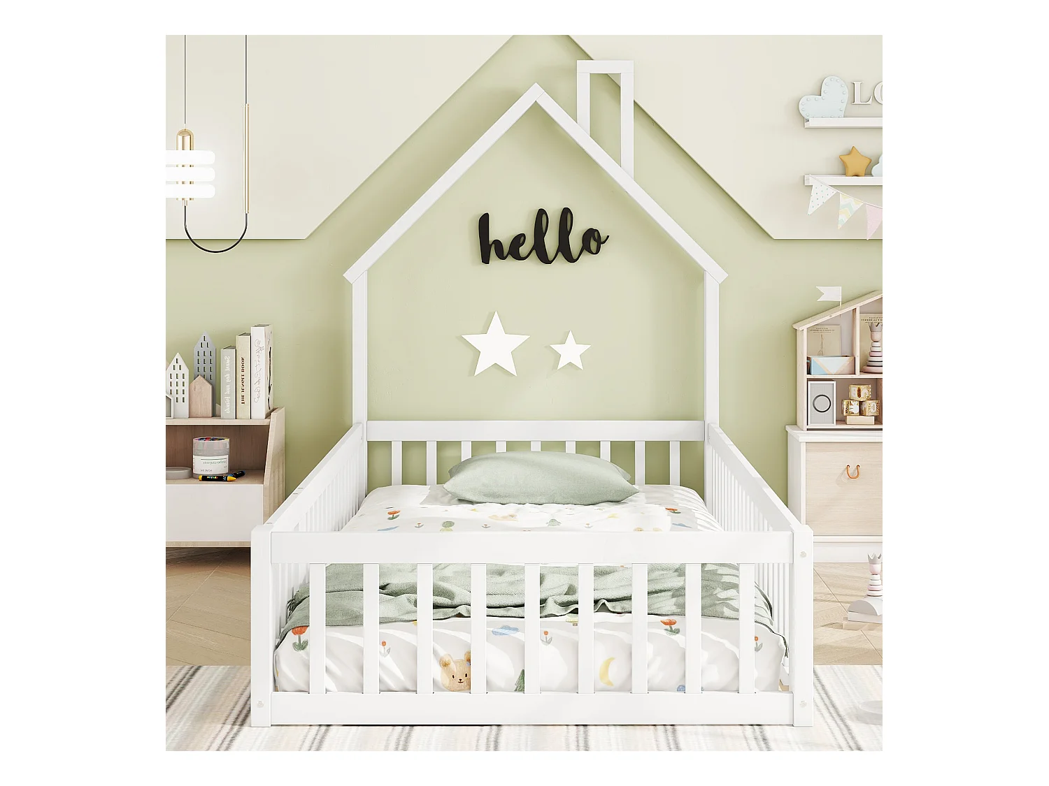 Lit cabane 90x200 cm en pin blanc avec sommier, forme cheminée, style maison, pour chambre d’enfant