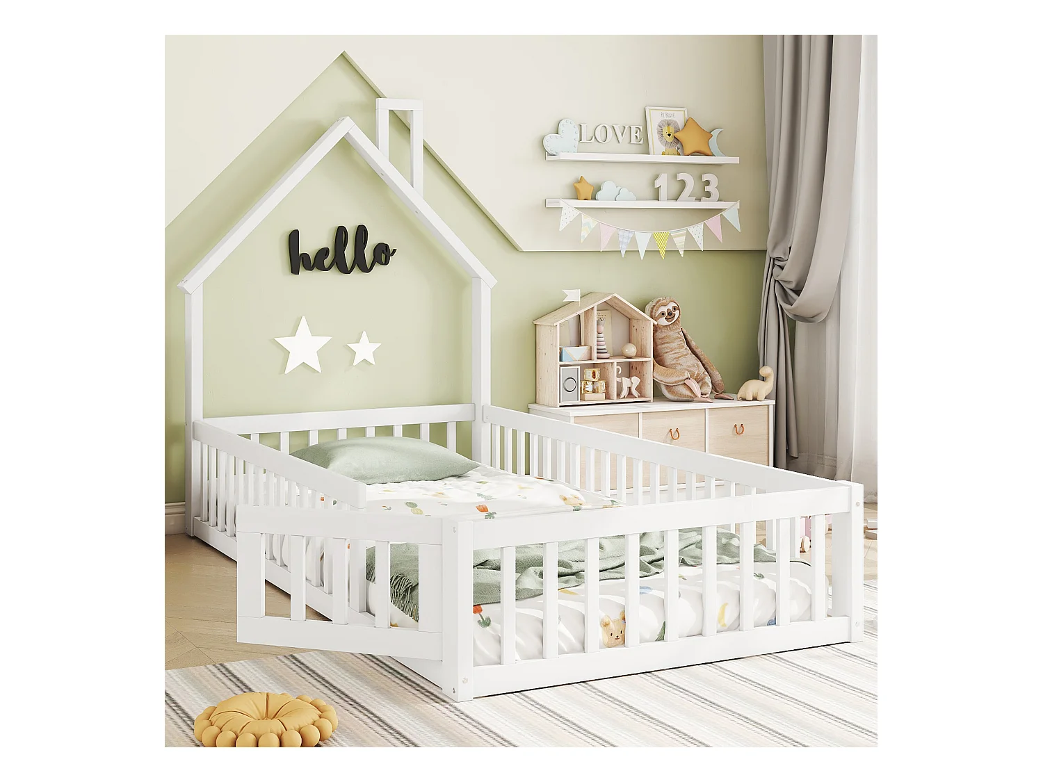 Lit cabane 90x200 cm en pin blanc avec sommier, forme cheminée, style maison, pour chambre d’enfant