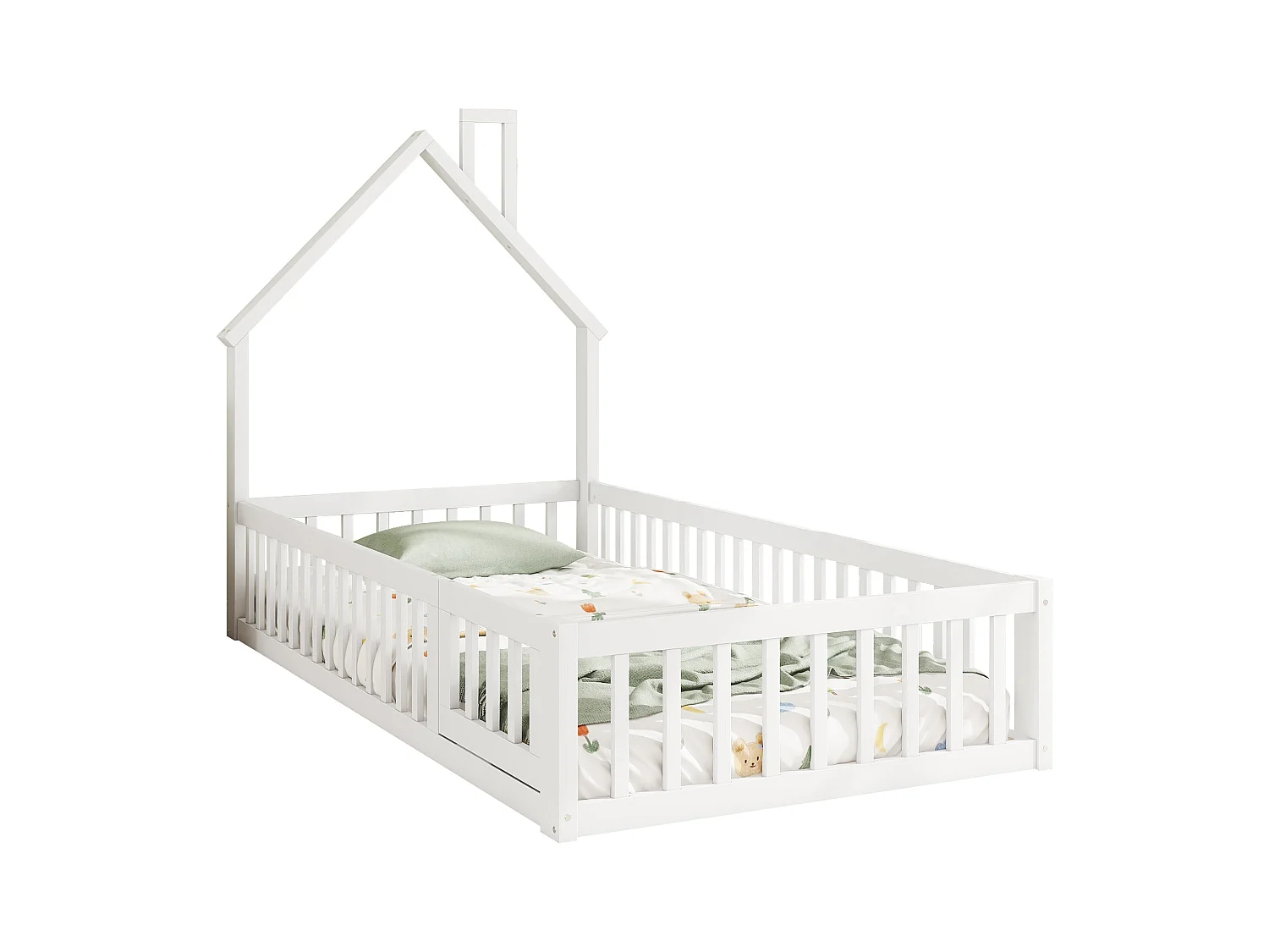 Lit cabane 90x200 cm en pin blanc avec sommier, forme cheminée, style maison, pour chambre d’enfant