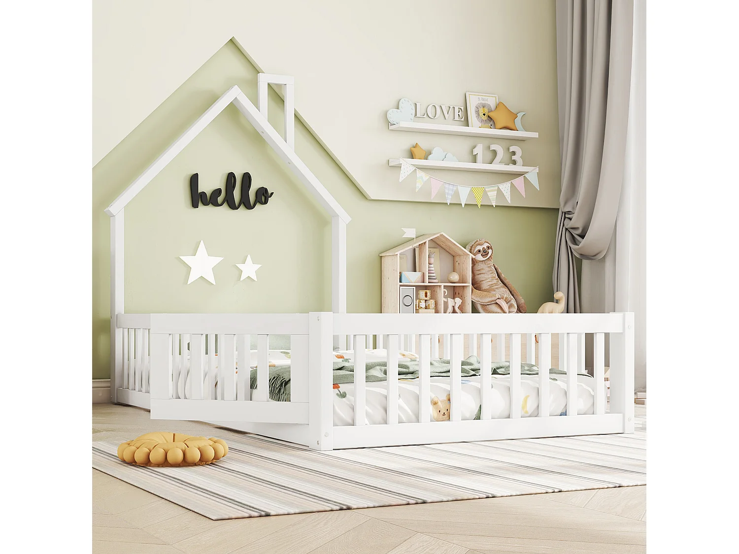 Lit cabane 90x200 cm en pin blanc avec sommier, forme cheminée, style maison, pour chambre d’enfant