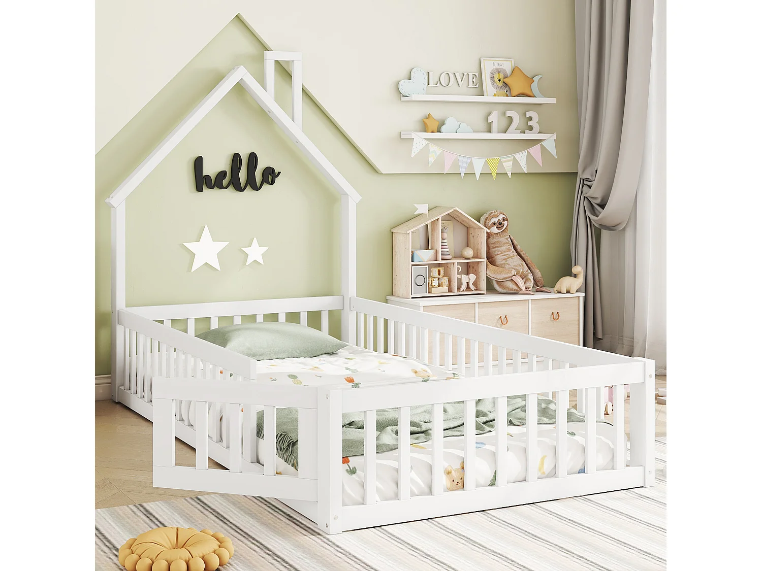 Lit cabane 90x200 cm en pin blanc avec sommier, forme cheminée, style maison, pour chambre d’enfant