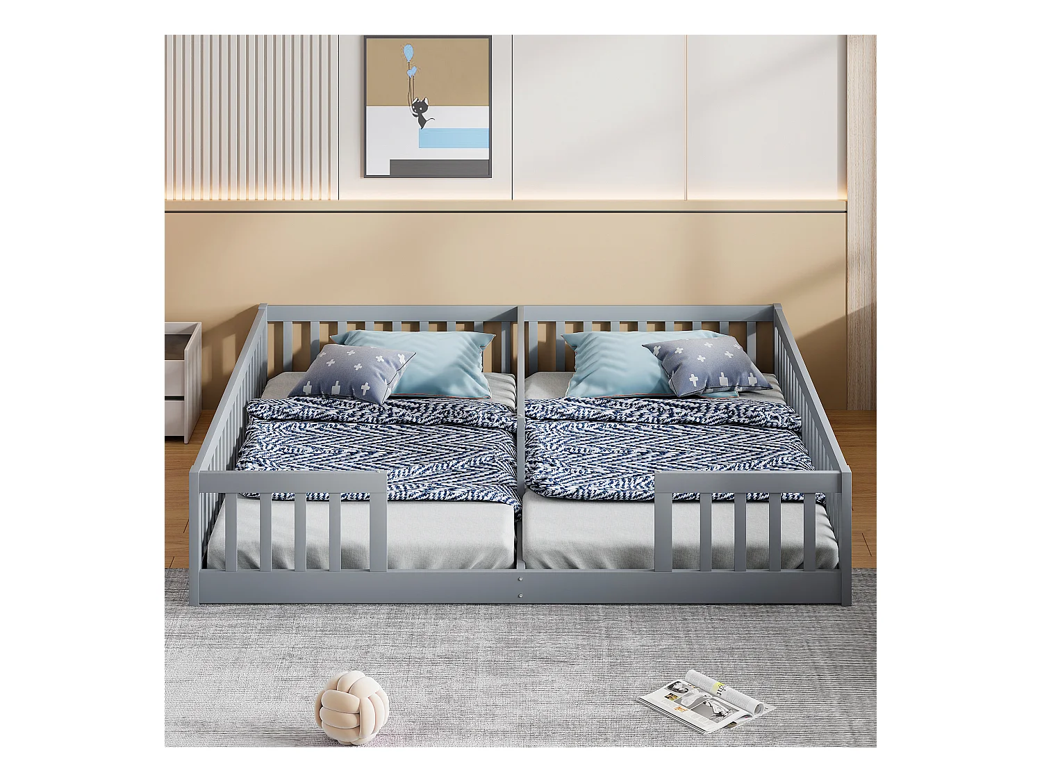 Lit panneaux 90x200 cm pour enfant avec barrières, sans sommier, adapté pour deux enfants, bois de pin, style minimaliste, Gris