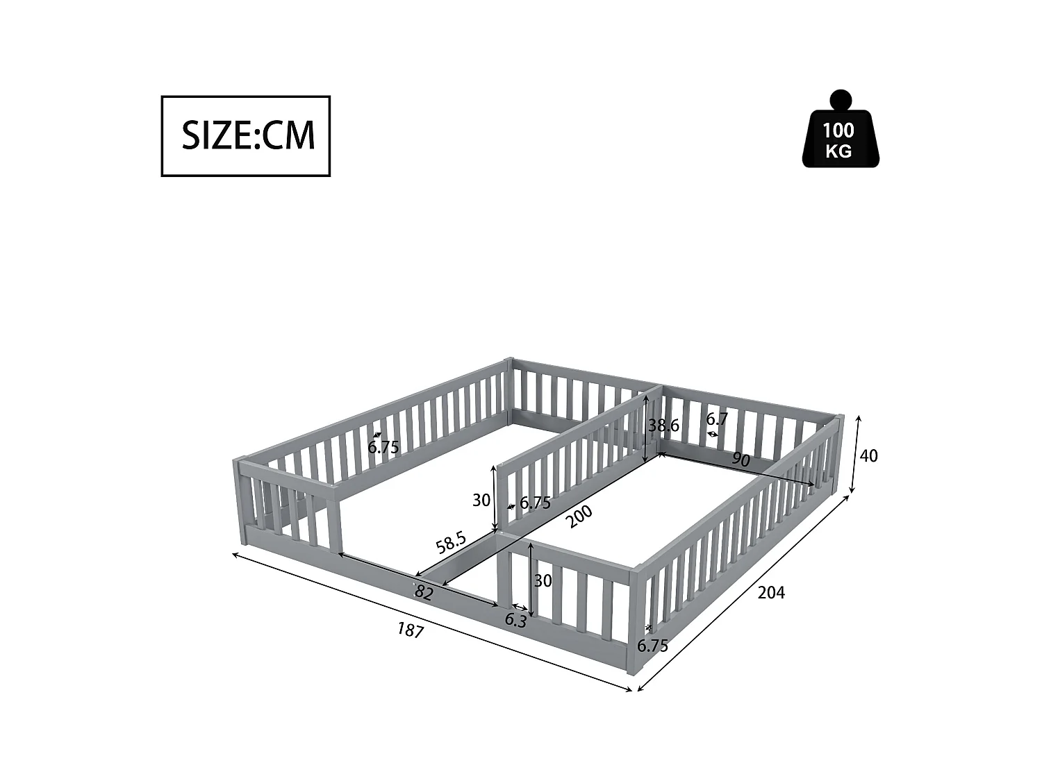 Lit panneaux 90x200 cm pour enfant avec barrières, sans sommier, adapté pour deux enfants, bois de pin, style minimaliste, Gris