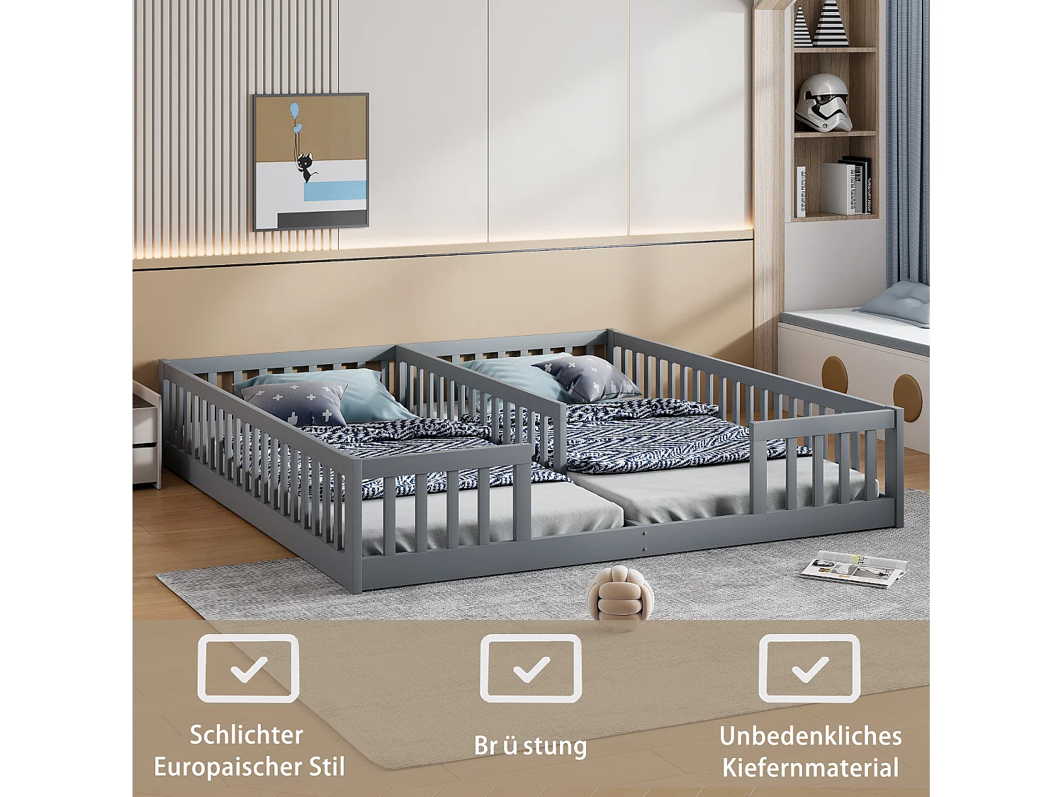Lit panneaux 90x200 cm pour enfant avec barrières, sans sommier, adapté pour deux enfants, bois de pin, style minimaliste, Gris
