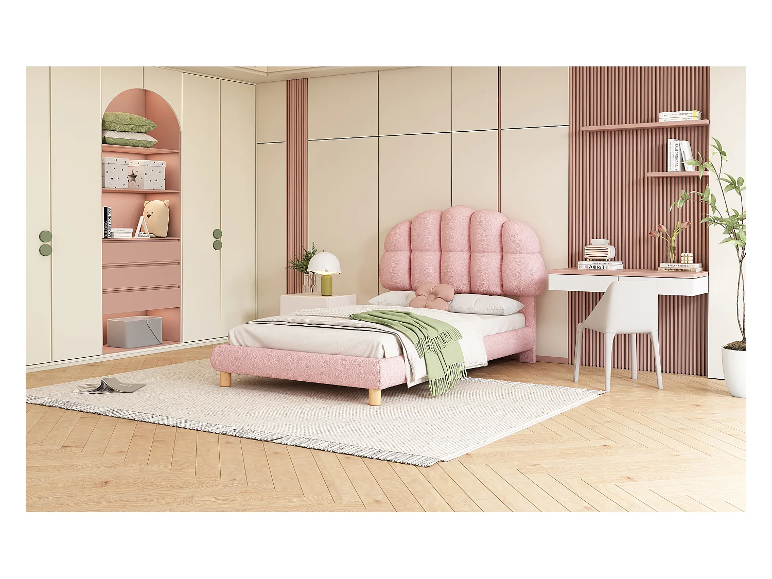 Lit rembourré enfant 90x200 cm rose en tissu doux imitation laine, sommier à lattes, design élégant et cosy