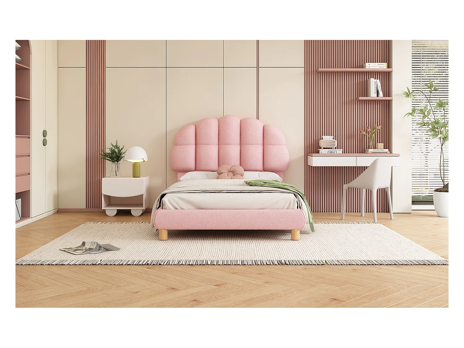 Lit rembourré enfant 90x200 cm rose en tissu doux imitation laine, sommier à lattes, design élégant et cosy