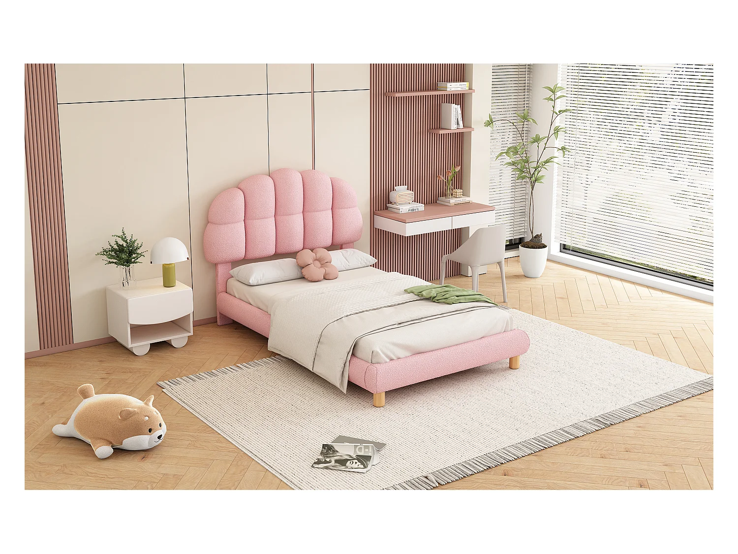 Lit rembourré enfant 90x200 cm rose en tissu doux imitation laine, sommier à lattes, design élégant et cosy