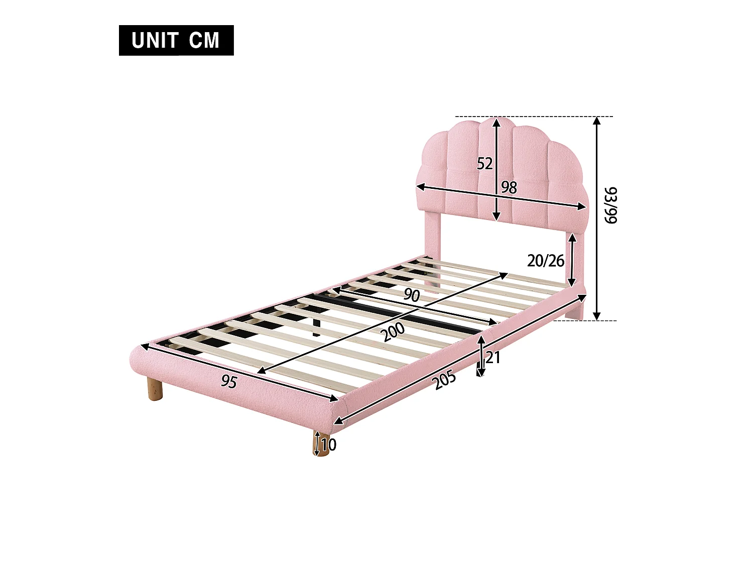 Lit rembourré enfant 90x200 cm rose en tissu doux imitation laine, sommier à lattes, design élégant et cosy