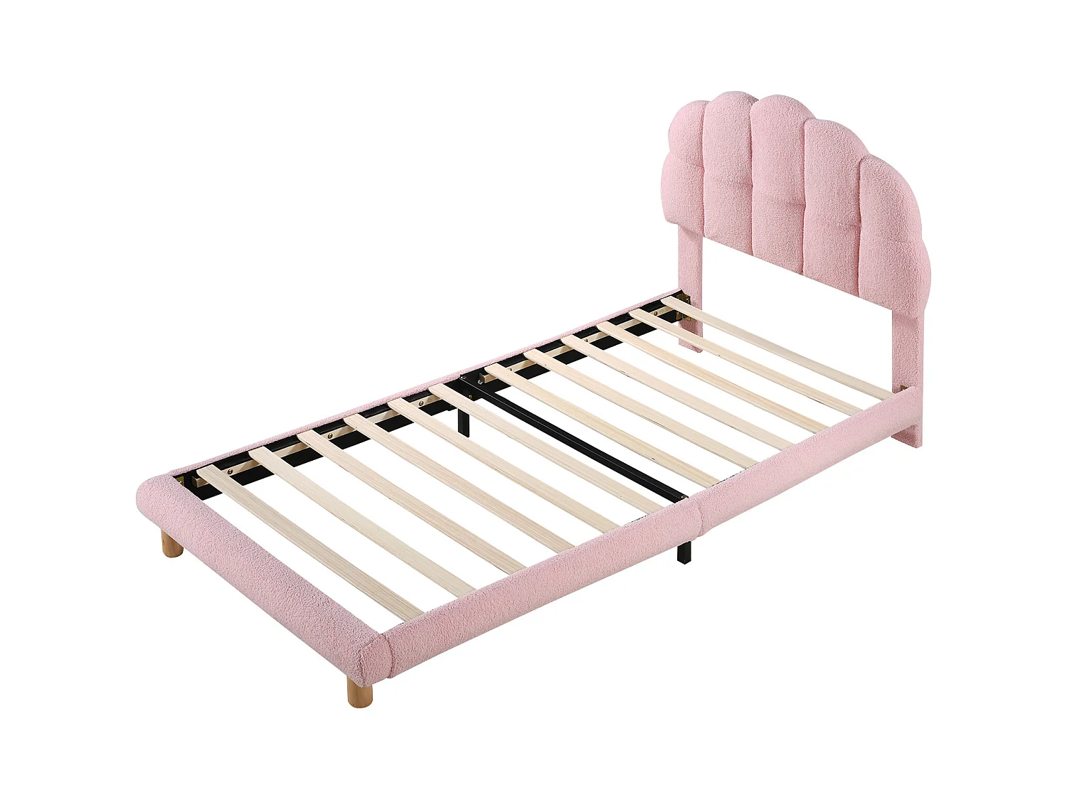 Lit rembourré enfant 90x200 cm rose en tissu doux imitation laine, sommier à lattes, design élégant et cosy