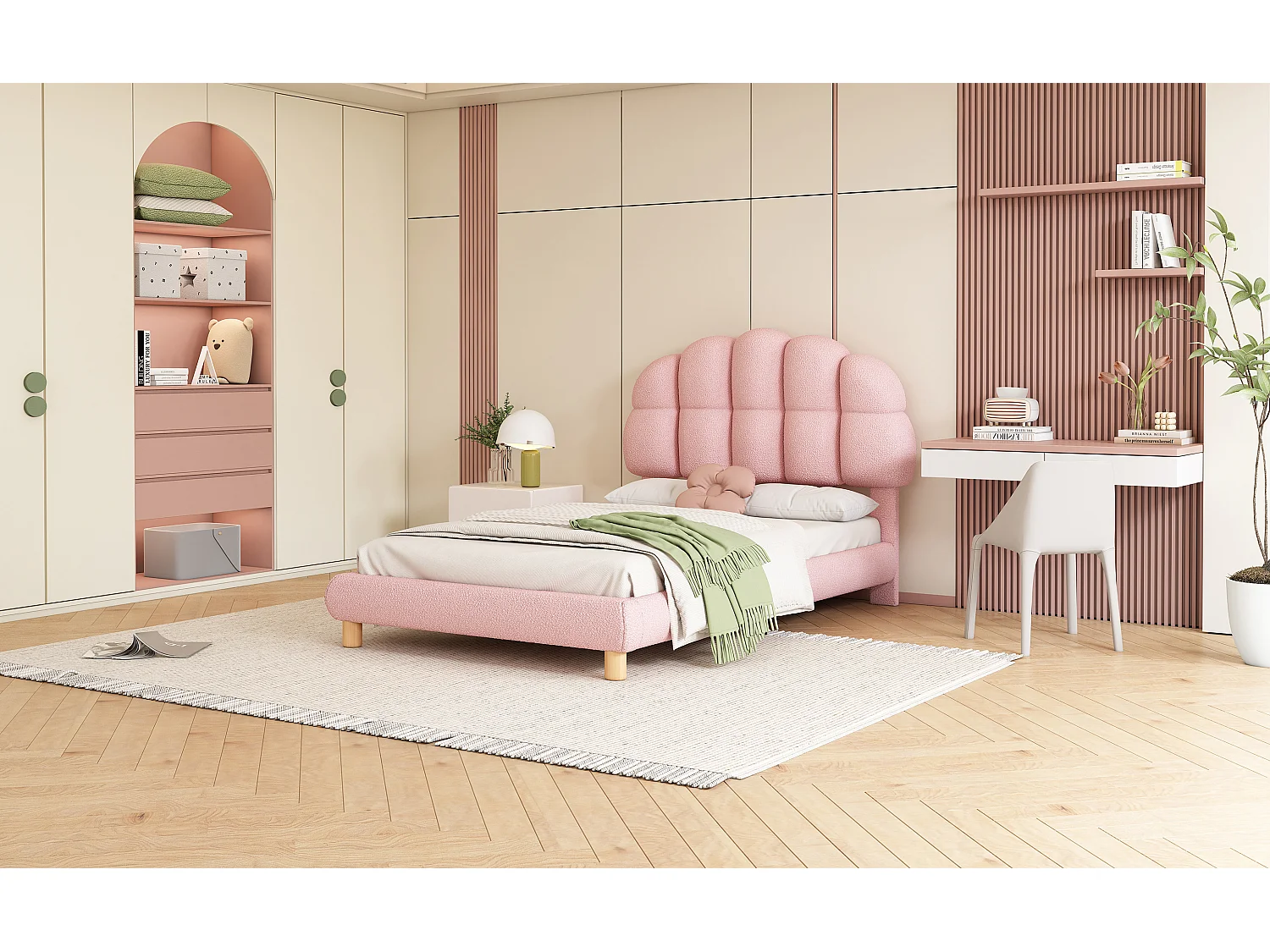 Lit rembourré enfant 90x200 cm rose en tissu doux imitation laine, sommier à lattes, design élégant et cosy