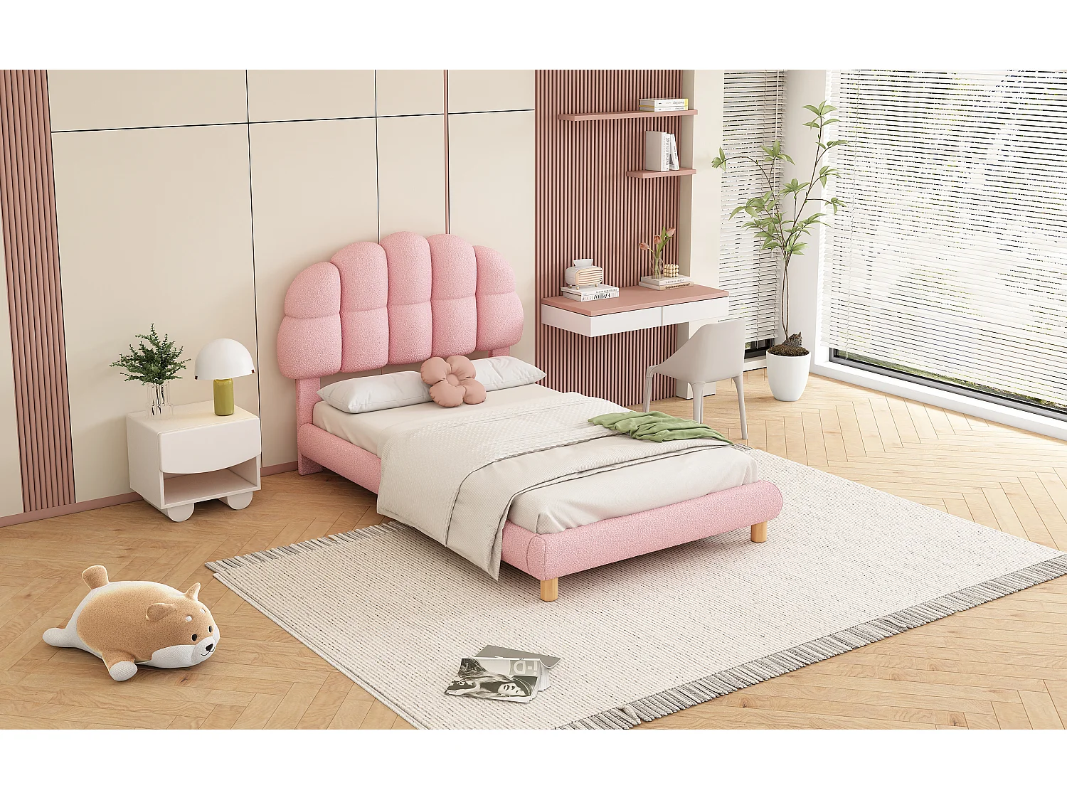 Lit rembourré enfant 90x200 cm rose en tissu doux imitation laine, sommier à lattes, design élégant et cosy