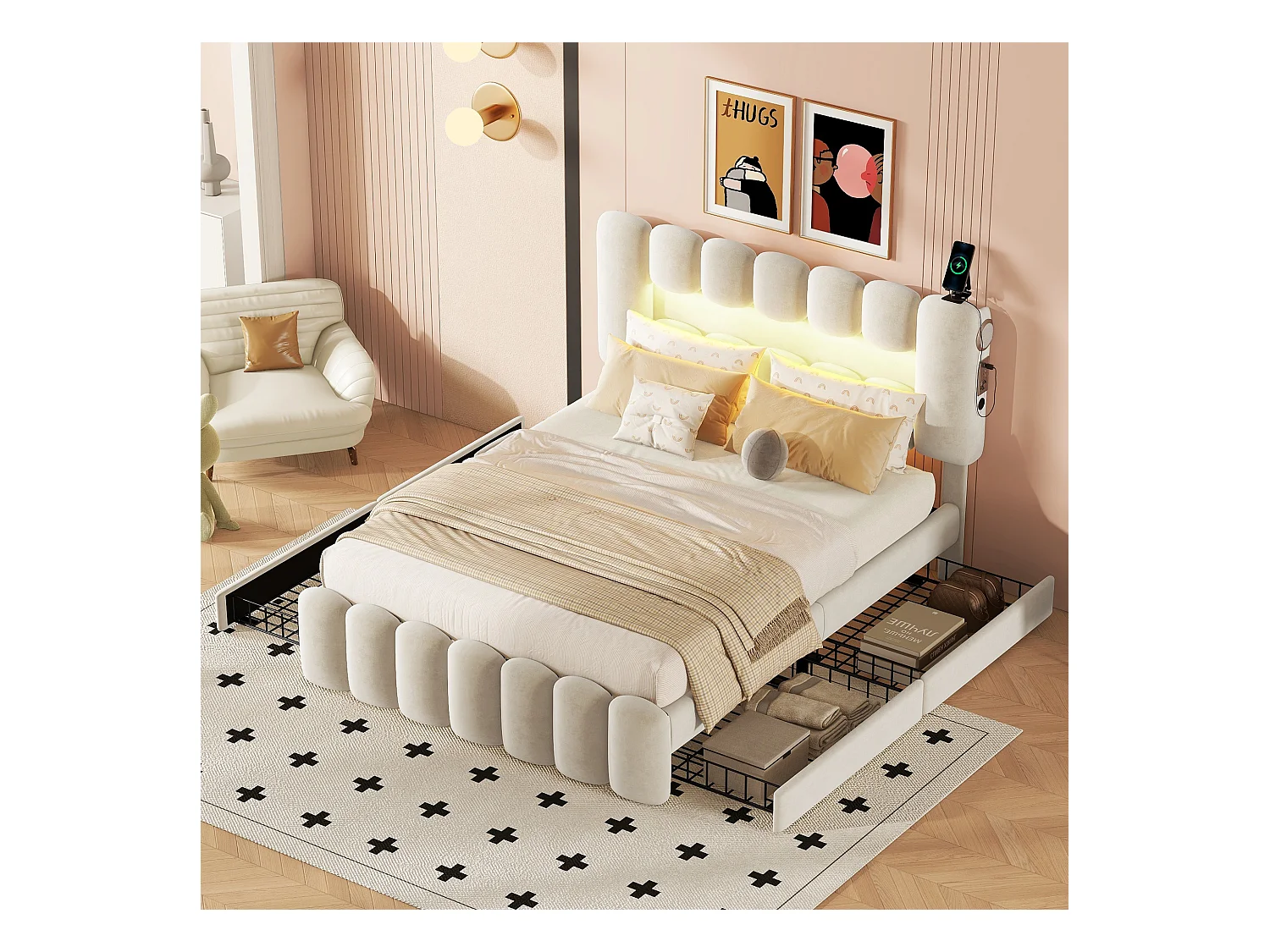 Lit double 140x200 cm, lit rembourré avec 4 tiroirs, LED avec USB et enceinte intégrée, Beige