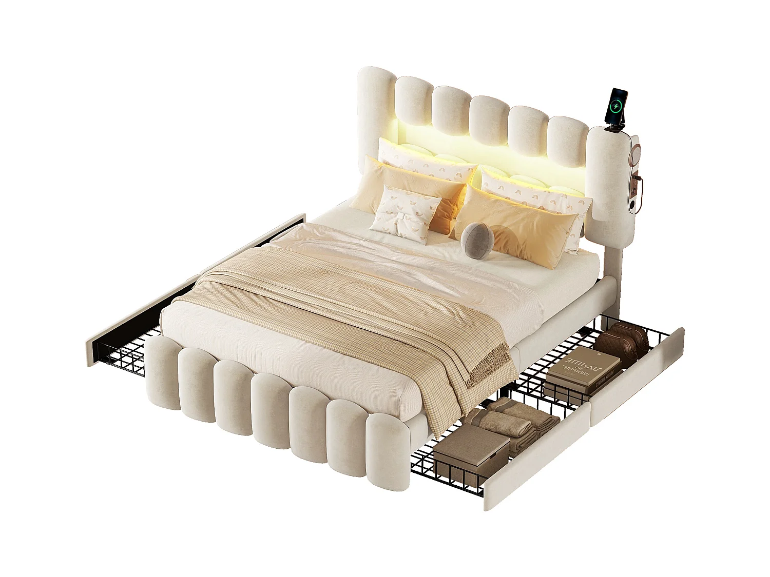 Lit double 140x200 cm, lit rembourré avec 4 tiroirs, LED avec USB et enceinte intégrée, Beige