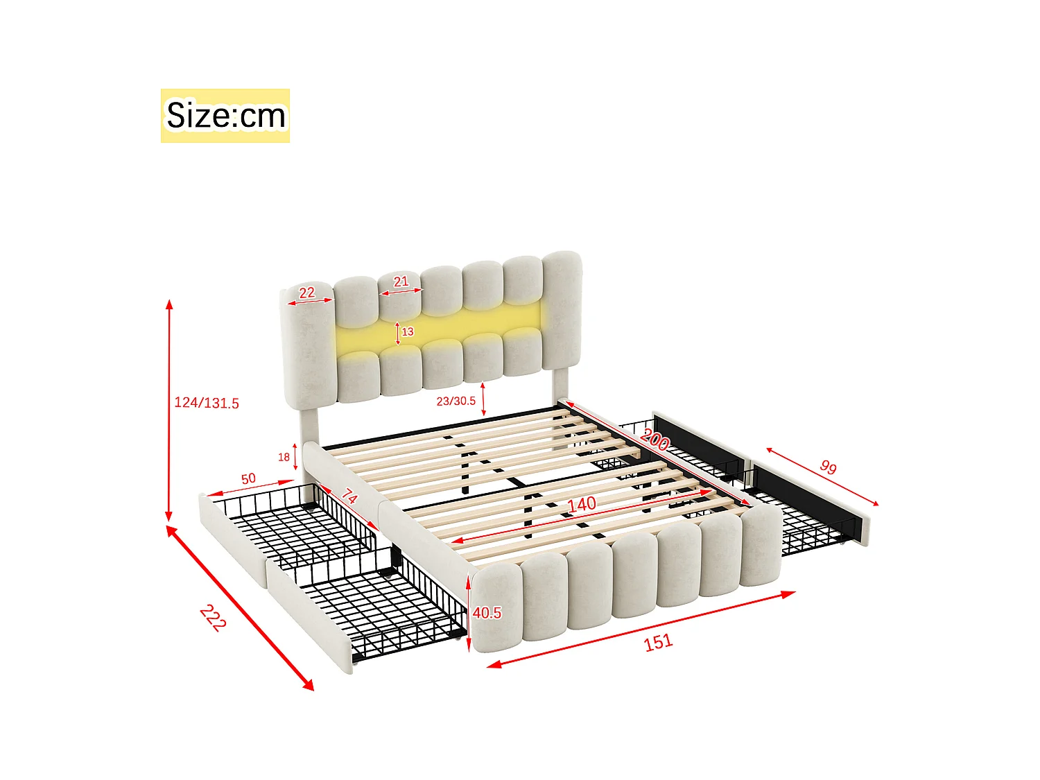 Lit double 140x200 cm, lit rembourré avec 4 tiroirs, LED avec USB et enceinte intégrée, Beige