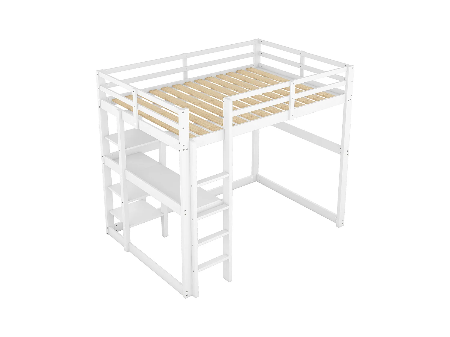 Lit mezzanine enfant 140x200 cm, structure bois de pin avec 4 compartiments et bureau intégré, design pratique et fonctionnel, Blanc