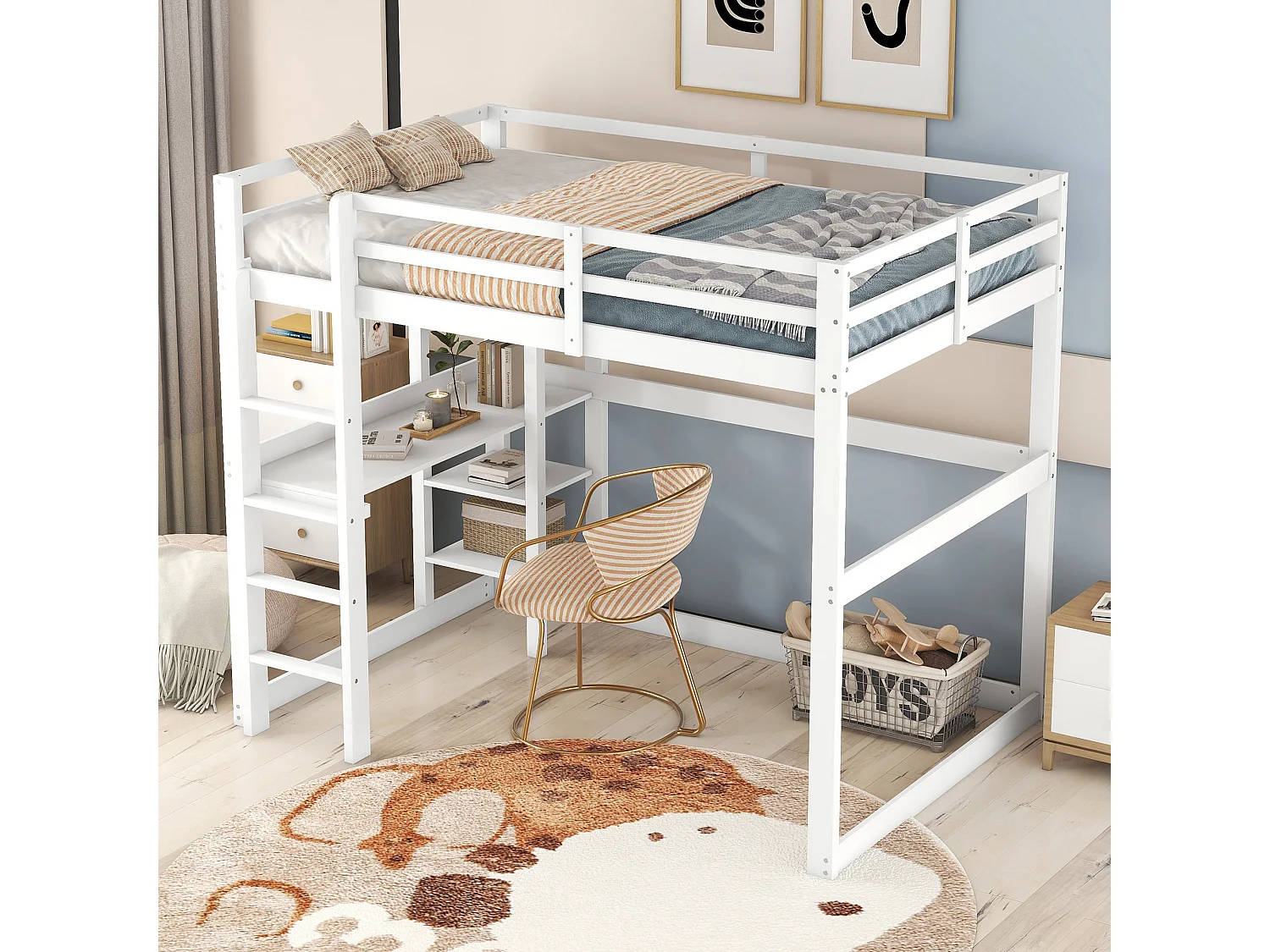 Lit mezzanine enfant 140x200 cm, structure bois de pin avec 4 compartiments et bureau intégré, design pratique et fonctionnel, Blanc