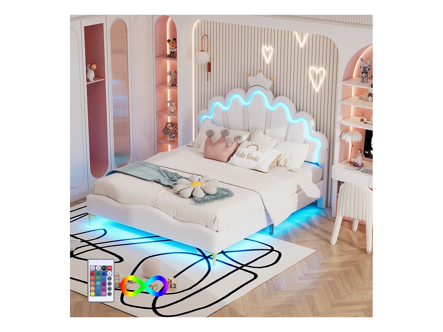 Lit princesse 140x200 cm blanc, double lit plat en cuir PU rembourré, tête couronne, éclairage LED réglable