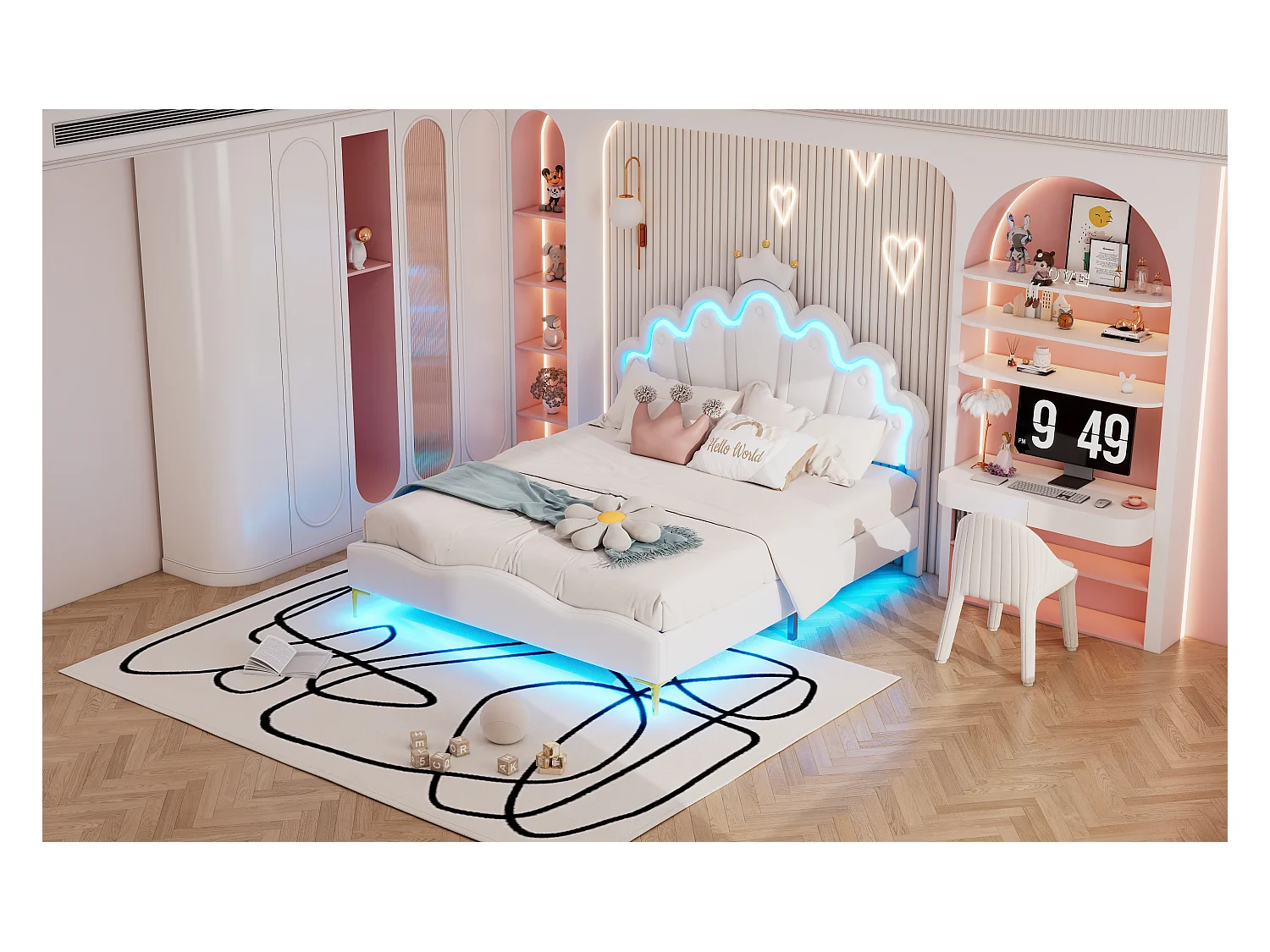 Lit princesse 140x200 cm blanc, double lit plat en cuir PU rembourré, tête couronne, éclairage LED réglable