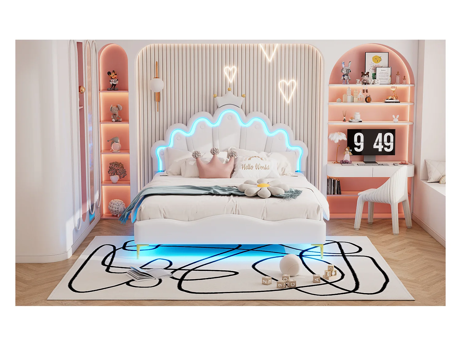 Lit princesse 140x200 cm blanc, double lit plat en cuir PU rembourré, tête couronne, éclairage LED réglable