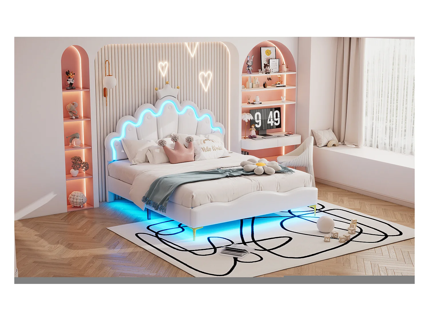 Lit princesse 140x200 cm blanc, double lit plat en cuir PU rembourré, tête couronne, éclairage LED réglable