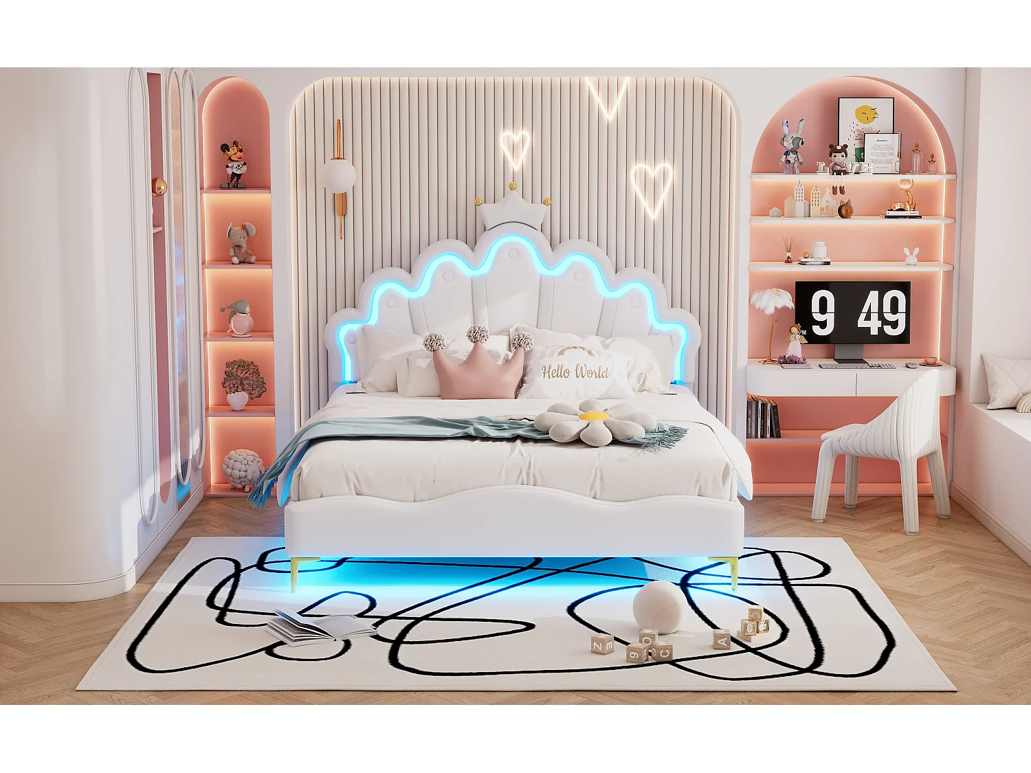 Lit princesse 140x200 cm blanc, double lit plat en cuir PU rembourré, tête couronne, éclairage LED réglable