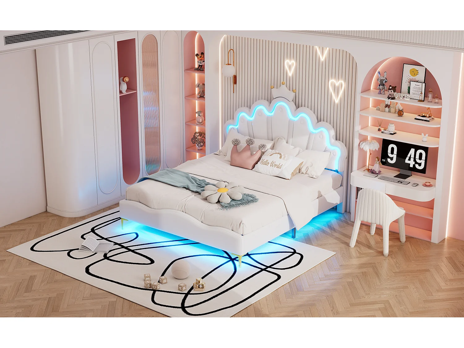 Lit princesse 140x200 cm blanc, double lit plat en cuir PU rembourré, tête couronne, éclairage LED réglable