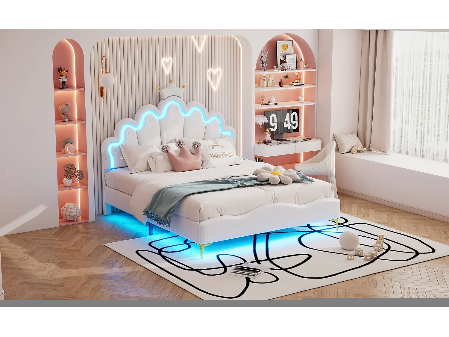 Lit princesse 140x200 cm blanc, double lit plat en cuir PU rembourré, tête couronne, éclairage LED réglable
