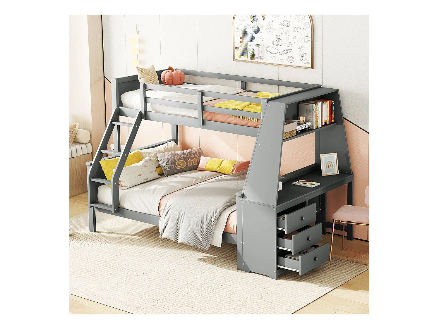 Lit superposé 90x200+140x200 cm, lit enfant avec bureau intégré, grand rangement et barrières hautes, Gris