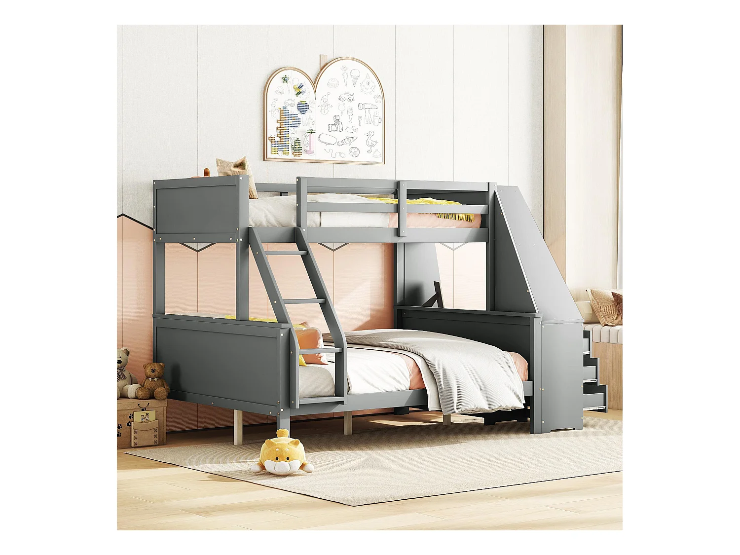 Lit superposé 90x200+140x200 cm, lit enfant avec bureau intégré, grand rangement et barrières hautes, Gris