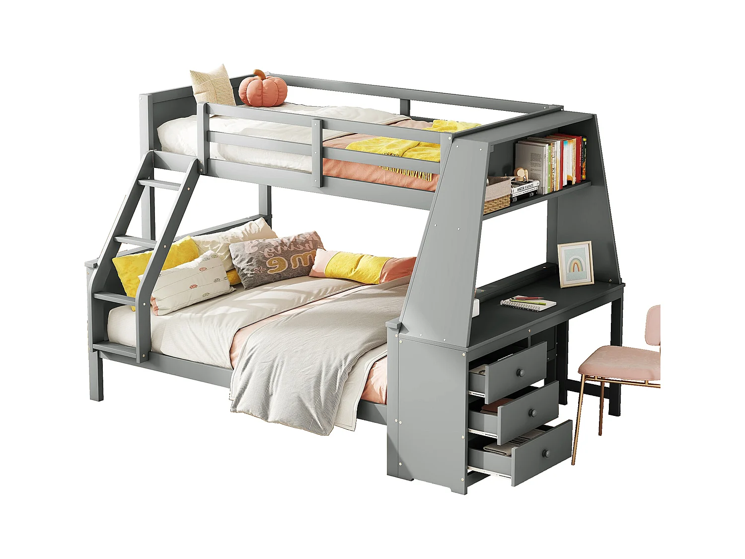 Lit superposé 90x200+140x200 cm, lit enfant avec bureau intégré, grand rangement et barrières hautes, Gris