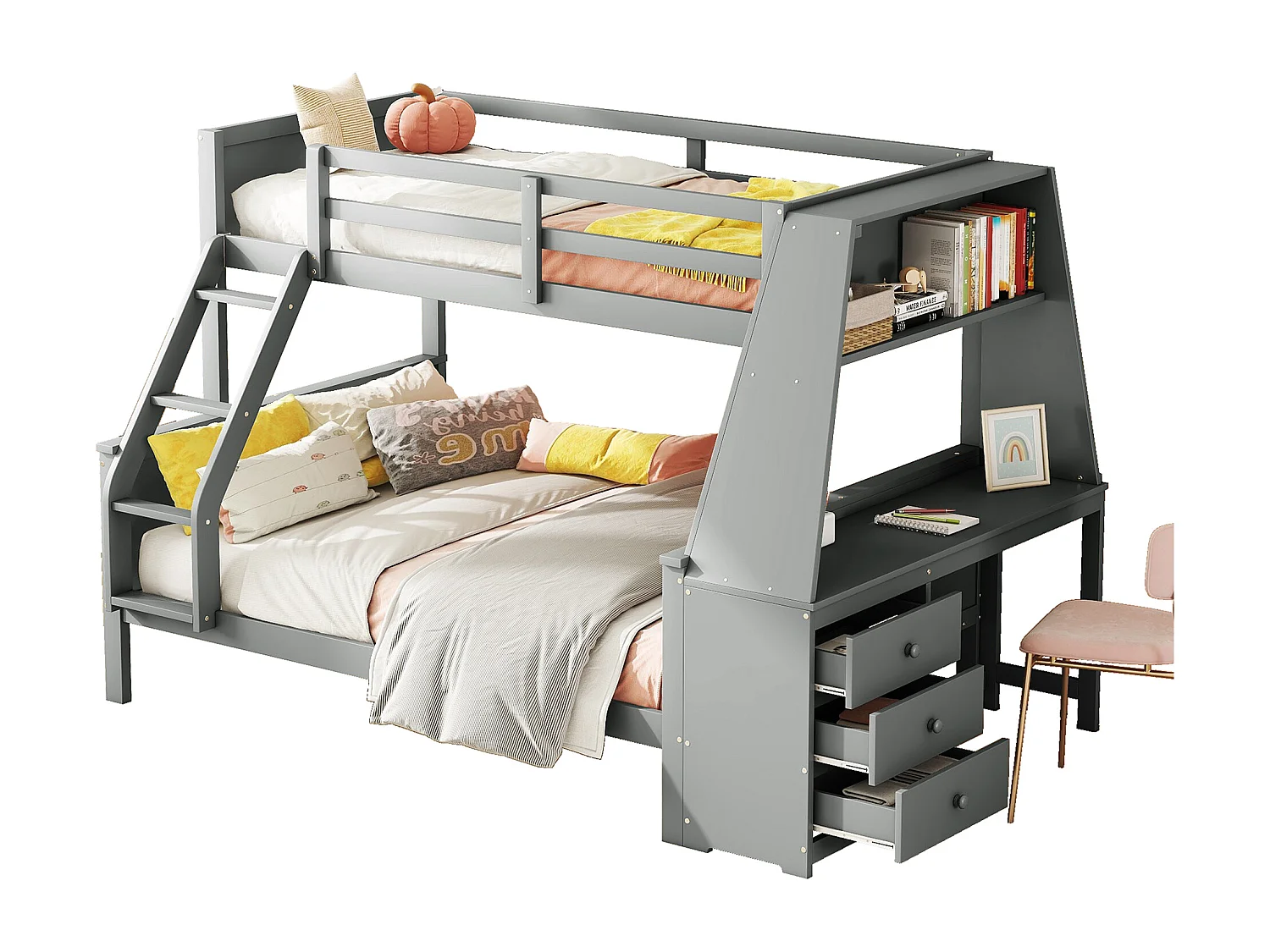 Lit superposé 90x200+140x200 cm, lit enfant avec bureau intégré, grand rangement et barrières hautes, Gris