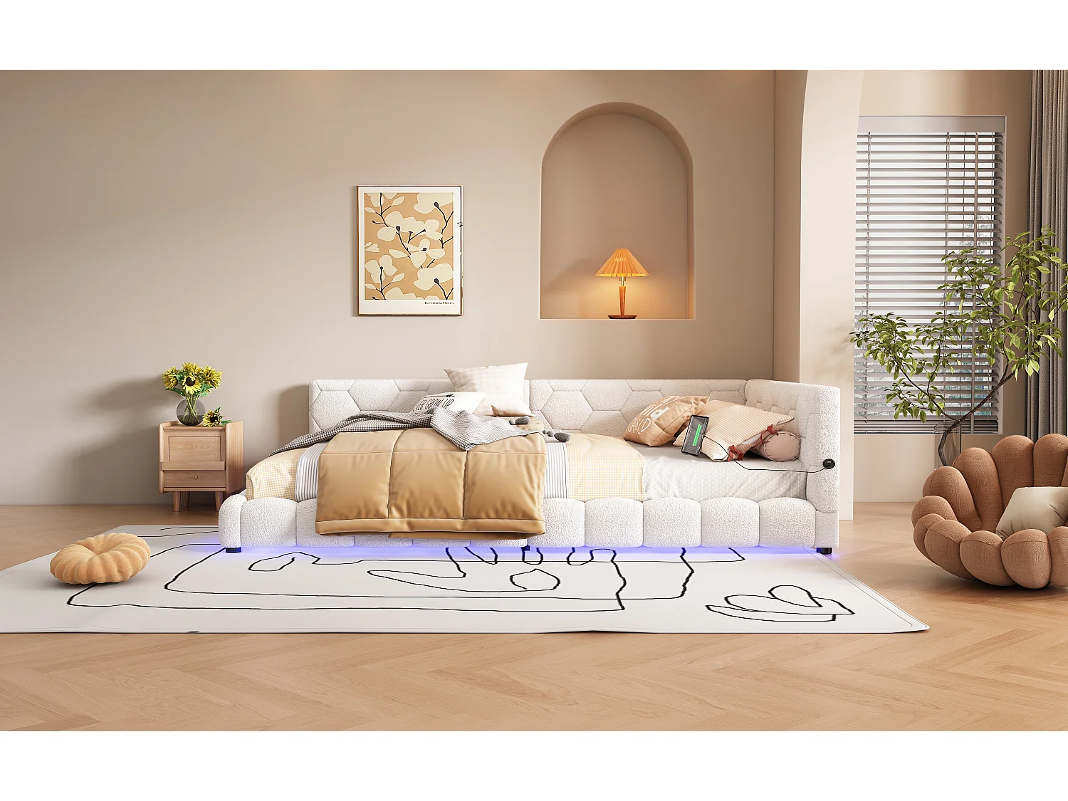 Lit banquette 140x200 cm blanc avec sommier, LED 16 couleurs, ports USB et Type-C, design confortable