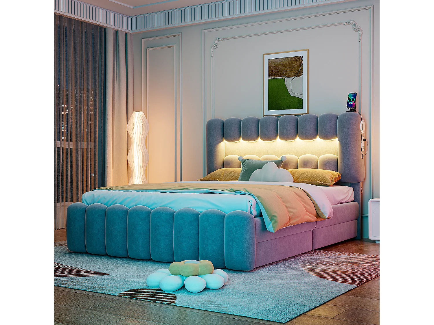 Lit double 160x200 cm, sans matelas, lit rembourré avec 4 tiroirs, LED avec USB et enceinte, Velours Gris
