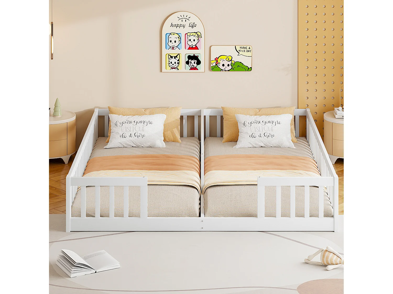 Lit panneaux 90x200 cm pour enfant avec barrières, sans sommier, adapté pour deux enfants, bois de pin, Blanc