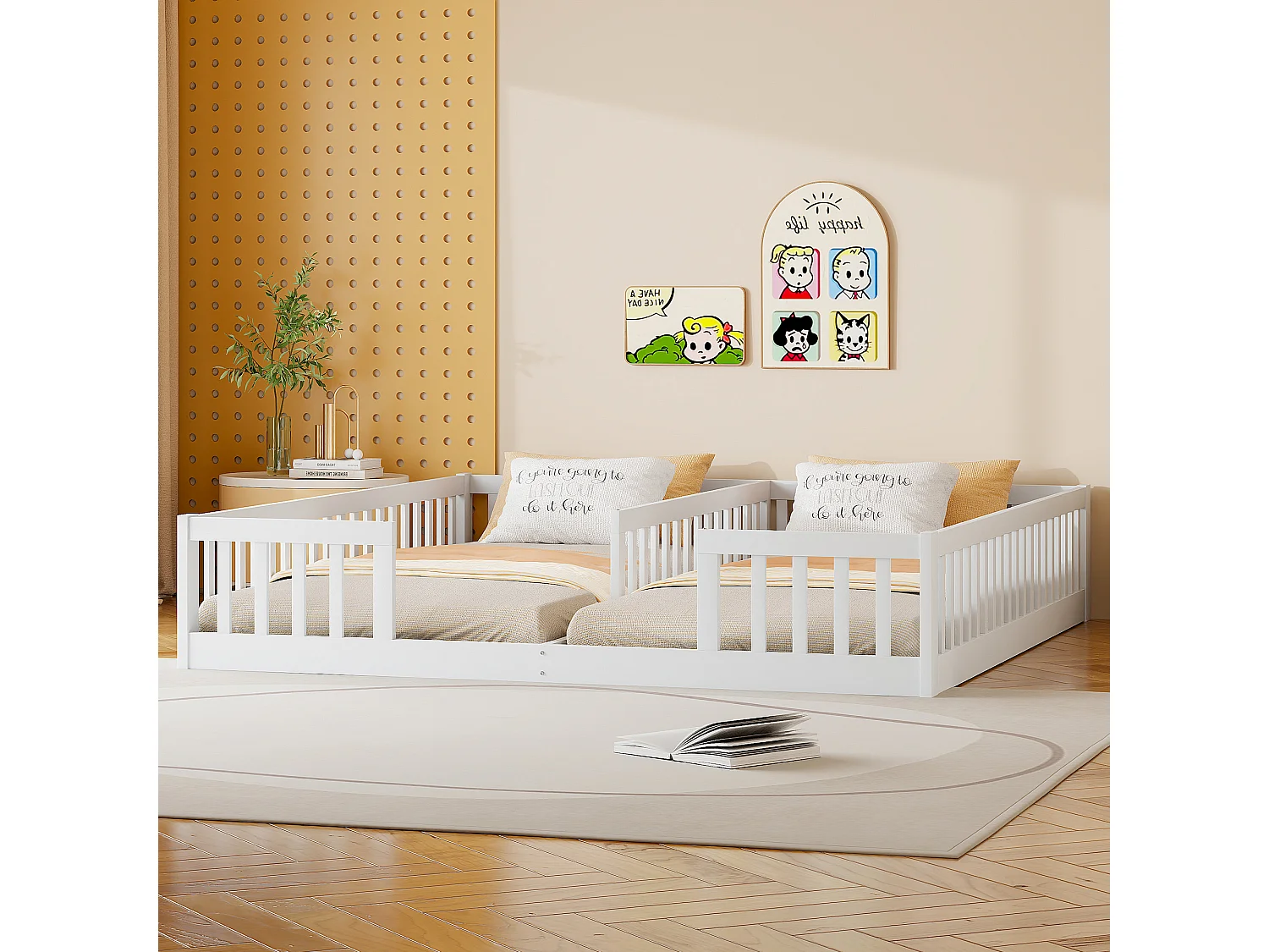 Lit panneaux 90x200 cm pour enfant avec barrières, sans sommier, adapté pour deux enfants, bois de pin, Blanc