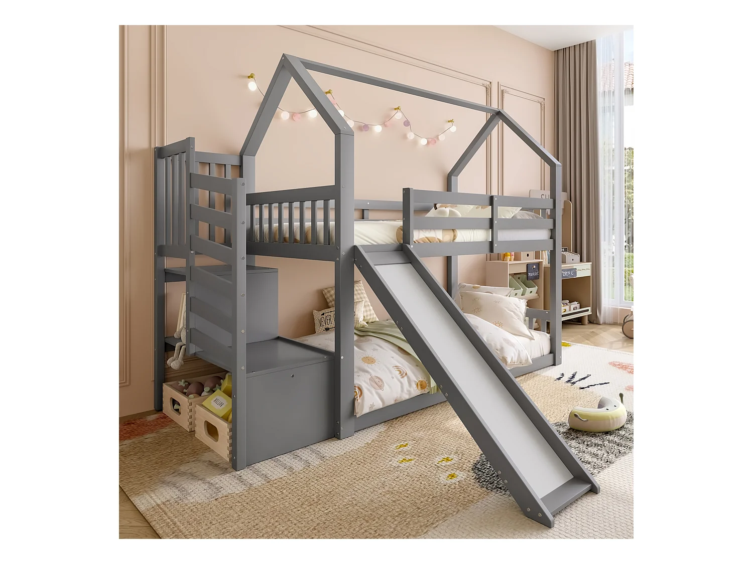 Lit superposé cabane 90x200 cm gris avec toboggan et escalier de rangement, lit enfant avec garde-corps stable