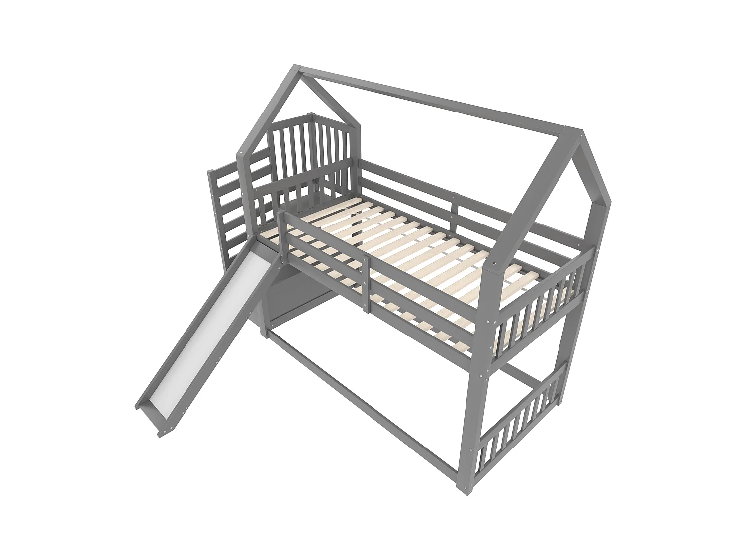 Lit superposé cabane 90x200 cm gris avec toboggan et escalier de rangement, lit enfant avec garde-corps stable