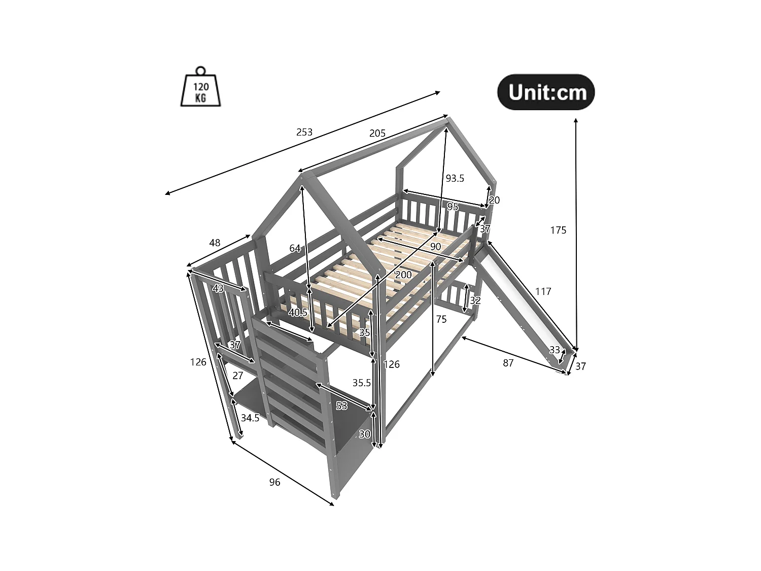 Lit superposé cabane 90x200 cm gris avec toboggan et escalier de rangement, lit enfant avec garde-corps stable