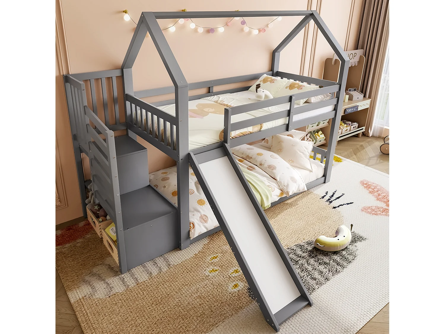 Lit superposé cabane 90x200 cm gris avec toboggan et escalier de rangement, lit enfant avec garde-corps stable