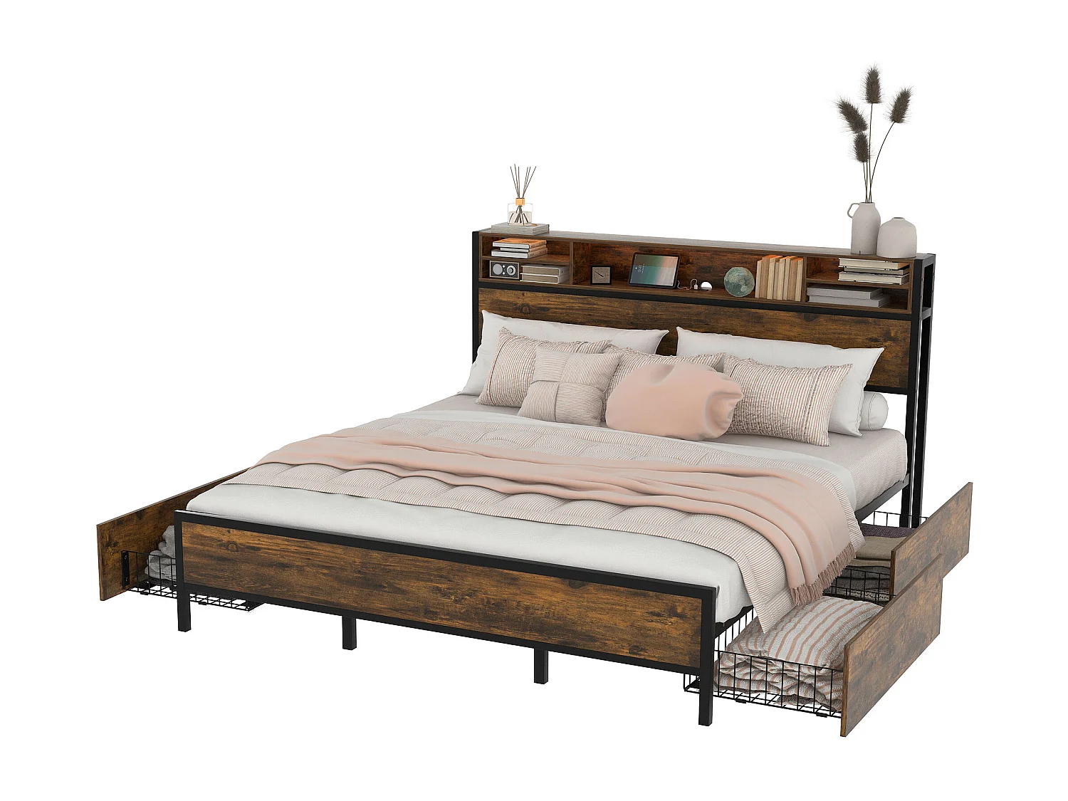 Lit LED 180x200 cm marron avec tête de lit, ports USB, 4 tiroirs et grand rangement, cadre métallique robuste