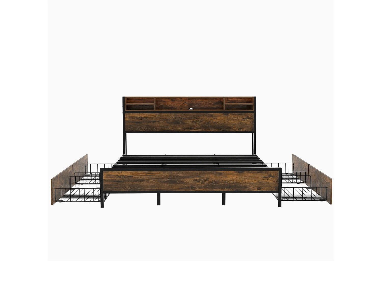 Lit LED 180x200 cm marron avec tête de lit, ports USB, 4 tiroirs et grand rangement, cadre métallique robuste