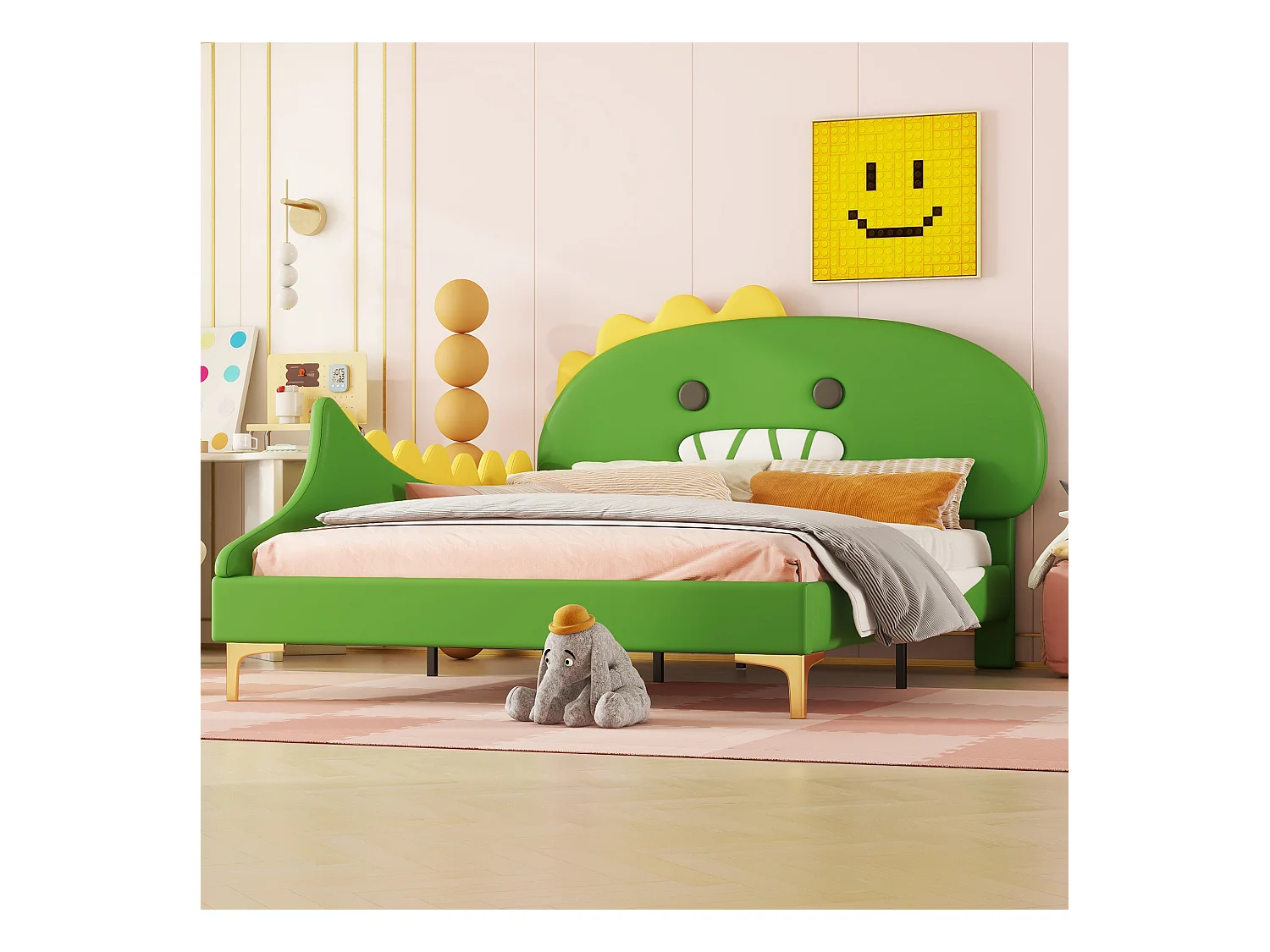 Lit enfant 140x200 cm, lit plat dinosaure cartoon, cadre PU, Vert, bande lumineuse et tiroirs
