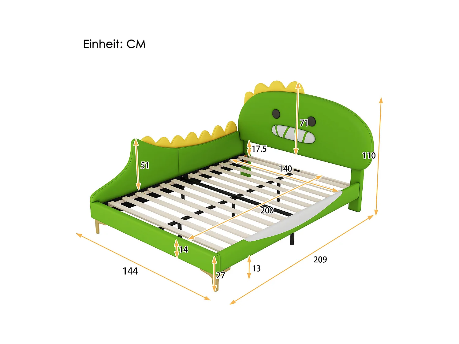 Lit enfant 140x200 cm, lit plat dinosaure cartoon, cadre PU, Vert, bande lumineuse et tiroirs