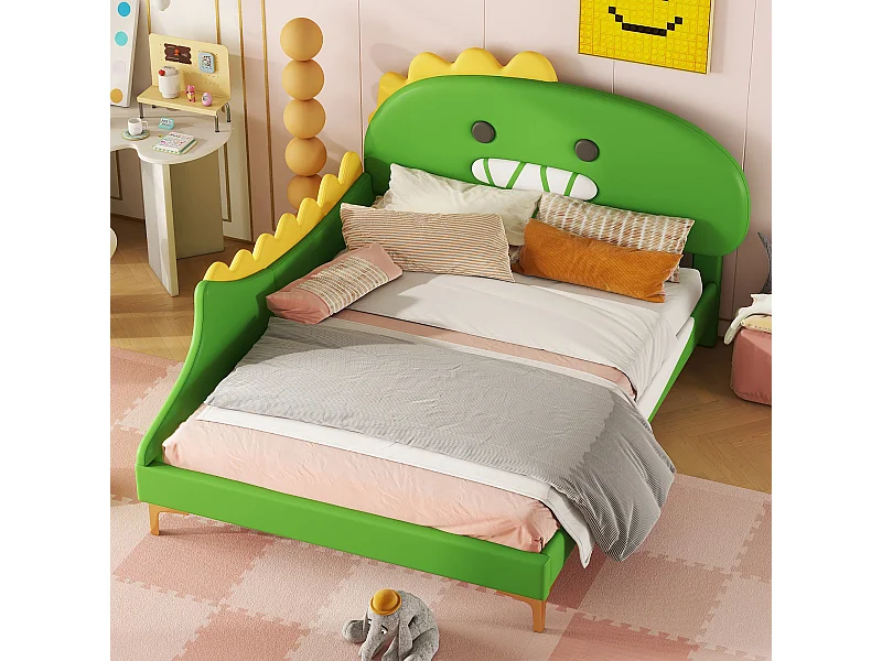 Lit enfant 140x200 cm, lit plat dinosaure cartoon, cadre PU, Vert, bande lumineuse et tiroirs