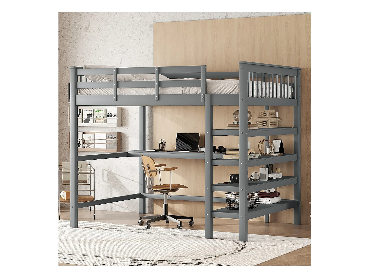 Lit mezzanine 140x200 cm pour enfant avec compartiments de rangement et bureau intégré, sans matelas, bois de pin, Gris