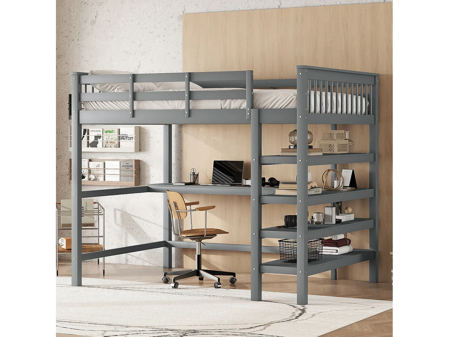 Lit mezzanine 140x200 cm pour enfant avec compartiments de rangement et bureau intégré, sans matelas, bois de pin, Gris