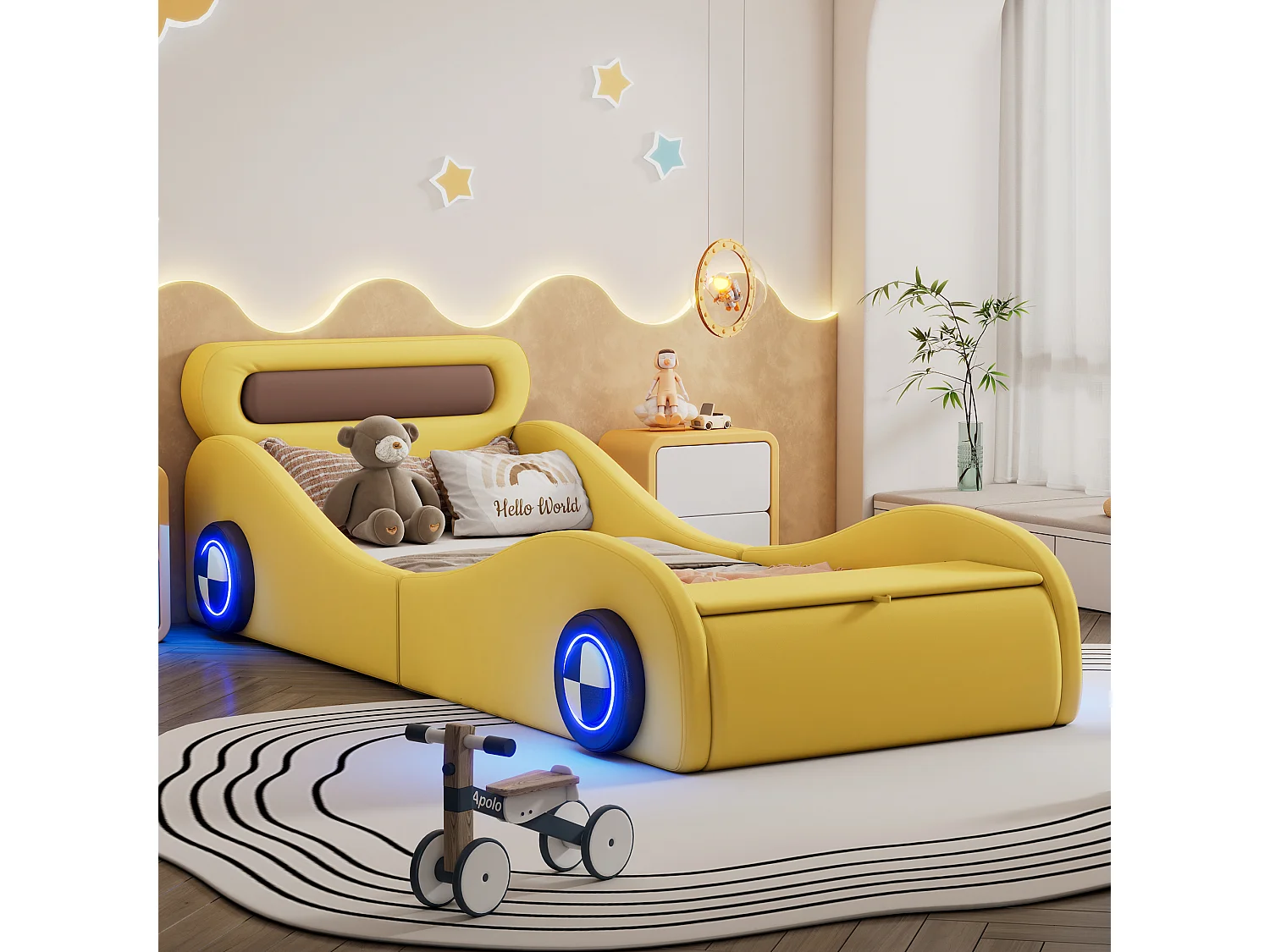 Lit voiture enfant 90x200 cm jaune en PU avec roues lumineuses et rangement intégré, sans matelas, design ludique