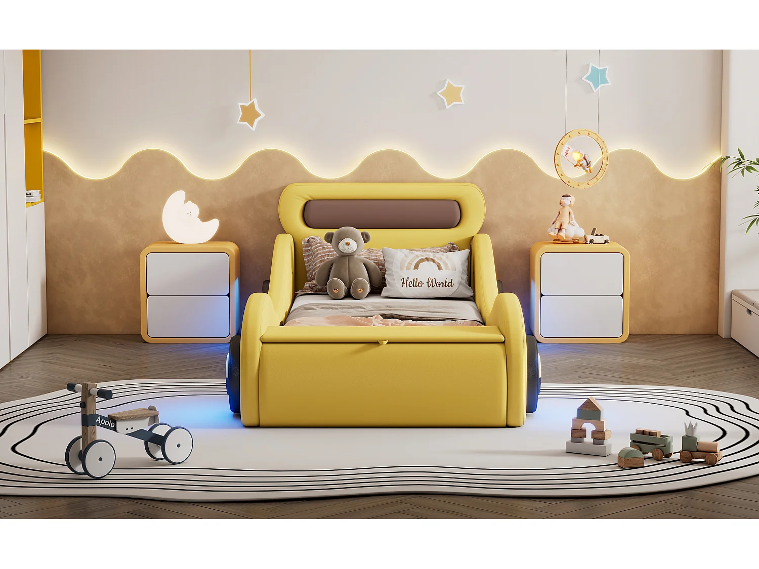 Lit voiture enfant 90x200 cm jaune en PU avec roues lumineuses et rangement intégré, sans matelas, design ludique